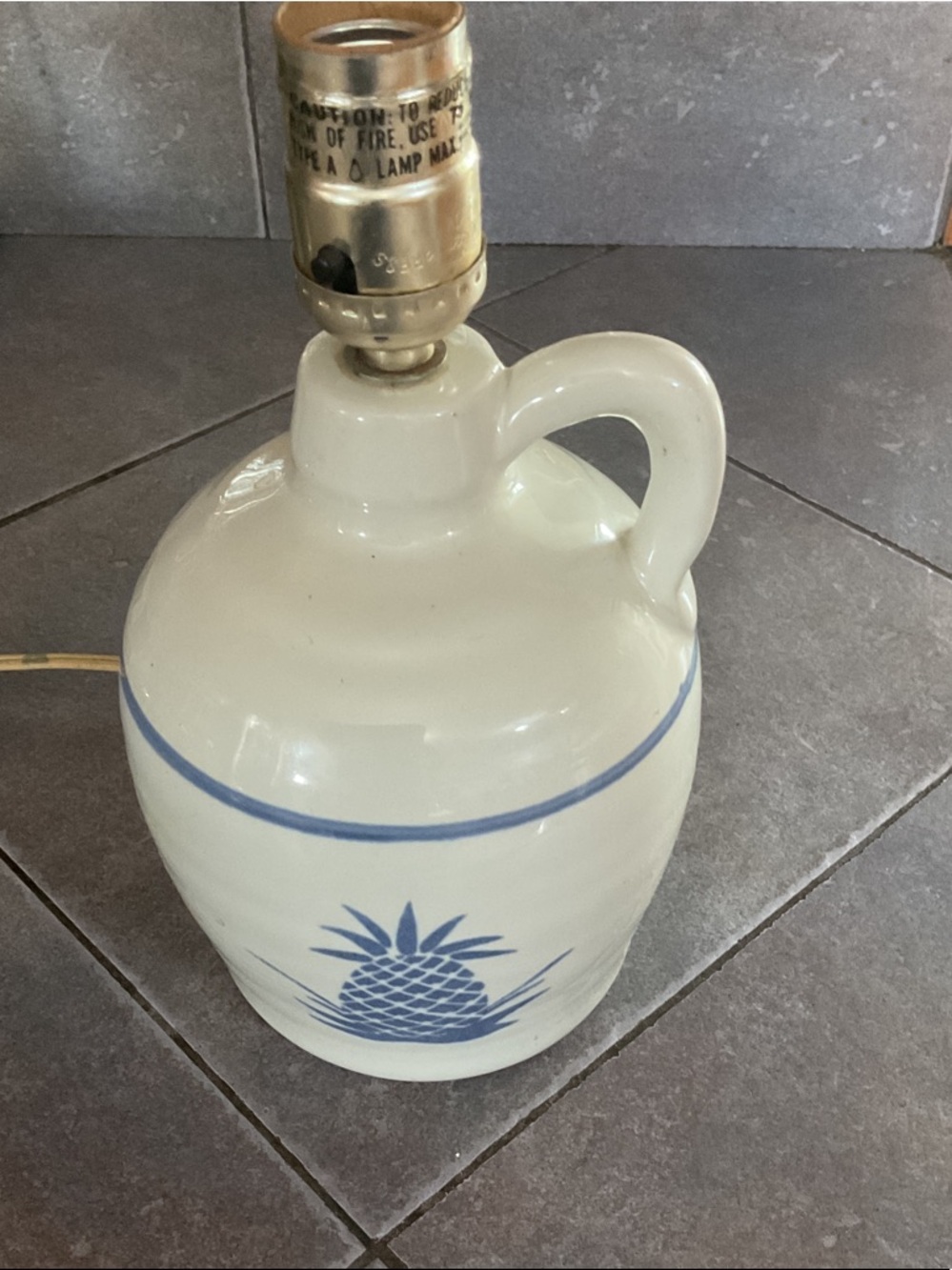 L.L. Bean White Ceramic Jug Lamp with Blue Pineapple Motif